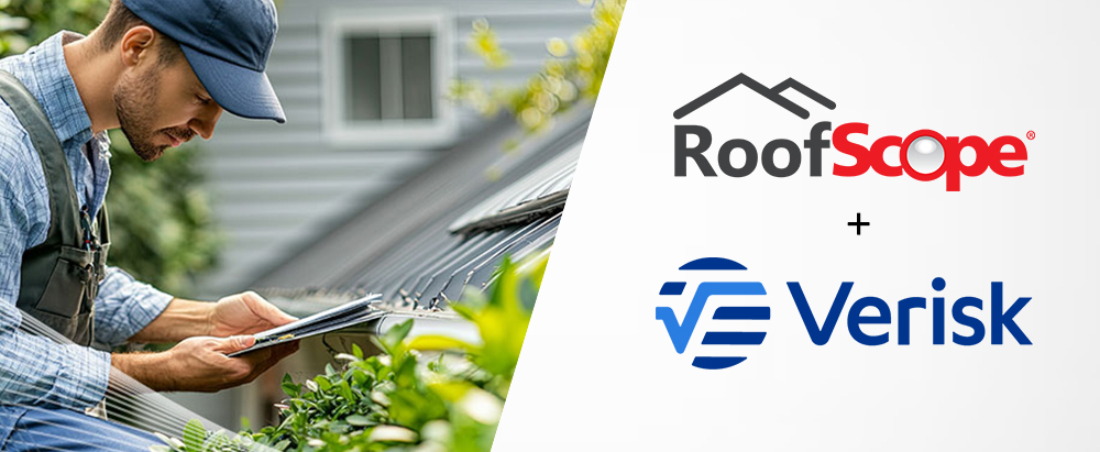 Roofing contractor using a tablet to inspect a roof next to the RoofScope and Verisk logos, representing RoofScope’s integration with Verisk for accurate aerial roof measurement and property data solutions.